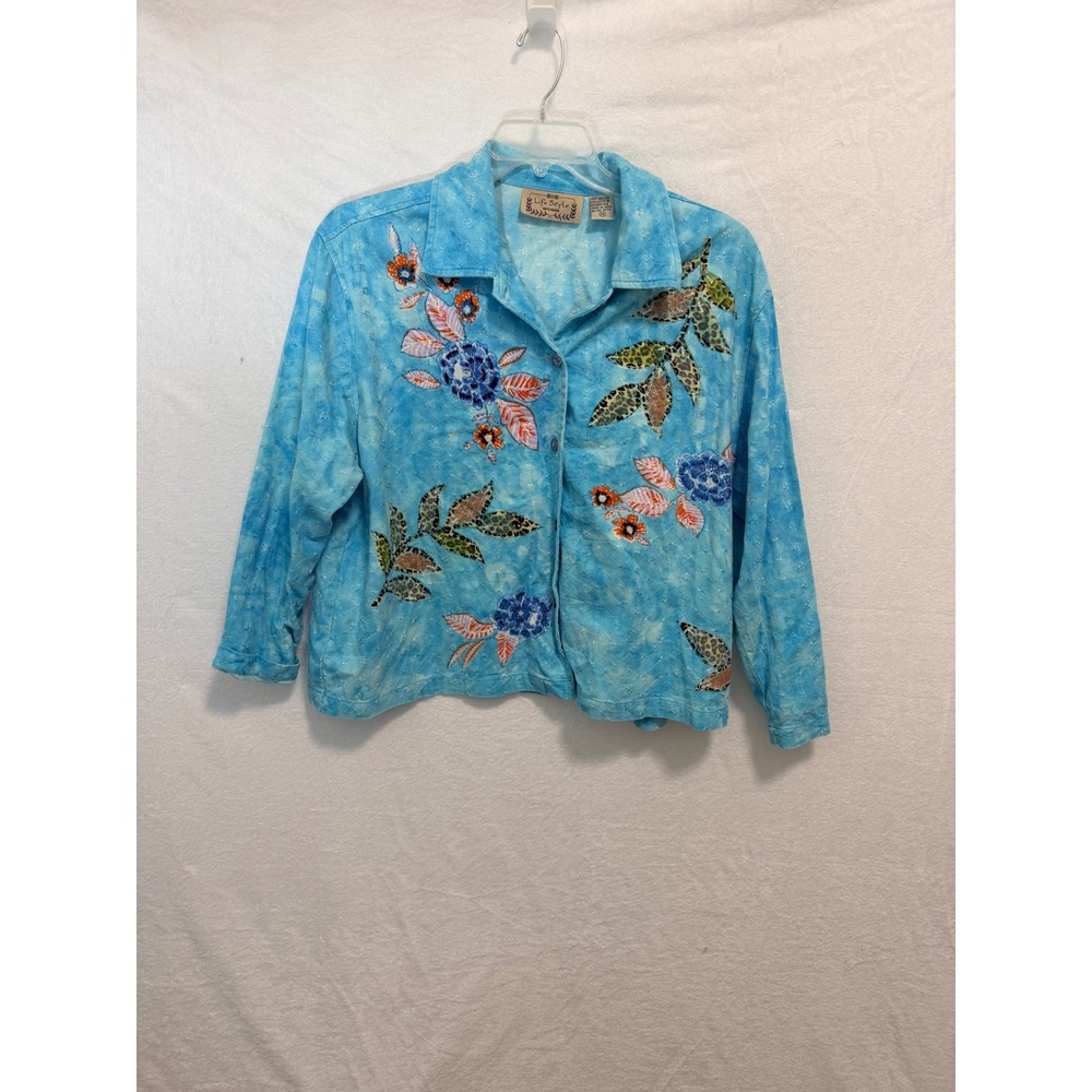 Life Style Woman Blue Tie Dye Floral Embroidered Cotton Shirt Jacket 2X